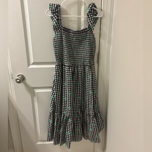 Smocked Gingham Dress with Green Embroidered Spades